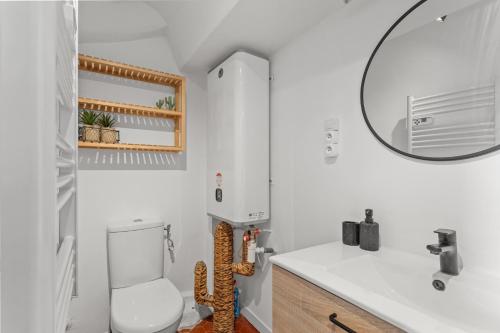 La salle de bains blanche est pourvue de toilettes et d'un miroir. dans l'établissement Cosy Studio, Cannes centre, à Cannes