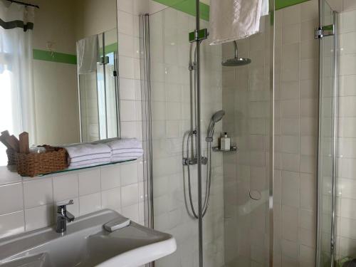 a bathroom with a shower with a sink and a glass shower door at Locanda La Candola in Farra di Soligo