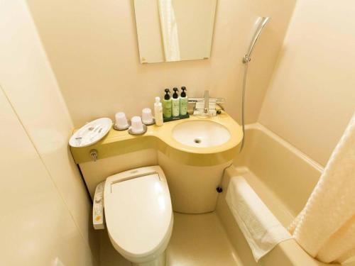 a small bathroom with a toilet and a sink at Hotel AreaOne Miyazaki City in Beppuchō