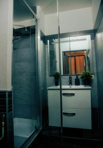 une salle de bain avec une douche en verre et un lavabo dans l'établissement Suite romantique avec SPA, à Perpignan