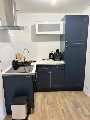 une cuisine avec des armoires bleues et un évier dans l'établissement Logement avec terrasse, à La Tranche-sur-Mer