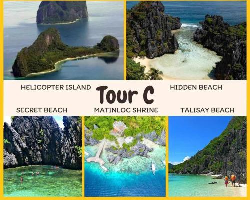 a collage of photos of different islands in the ocean at mama hostel Bed & Breakfast in El Nido