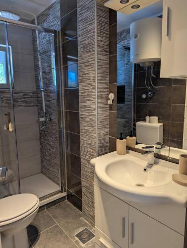 a bathroom with a shower and a sink and a toilet at Artist Studio in Kampor
