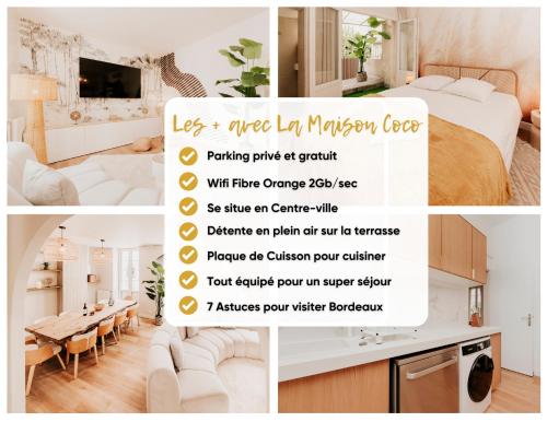 un collage de photos d'une chambre et d'un salon dans l'établissement FREE Parking - Self Checkin - WIFI - Terrasse - LA MAISON COCO by SUPERBORDEAUX, à Bordeaux