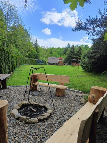 a park bench and a fire pit in a park at Domki Zacisze nad wodą in Baligród