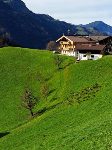a house on a hill with a green field at Ferienwohnung Altrach in Aurach bei Kitzbuhel
