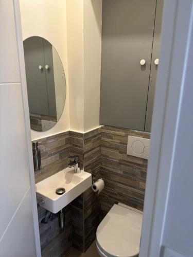 a bathroom with a sink and a toilet and a mirror at 5-room house in Orgeval