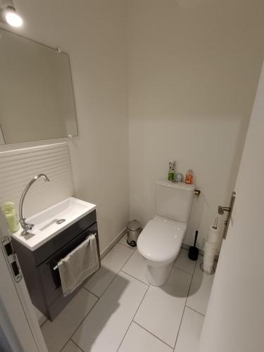 a white bathroom with a toilet and a sink at La terrasse des Augustins in Limoux