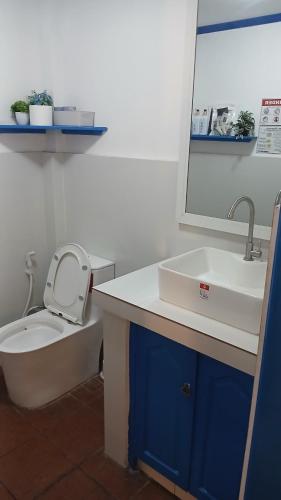 a bathroom with a toilet and a sink and a mirror at Makiling Onsen Hotel in Los Baños