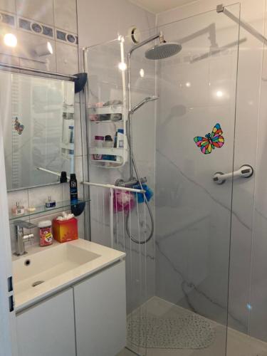 a bathroom with a shower with a glass door at Micheline's plekje in Ostend