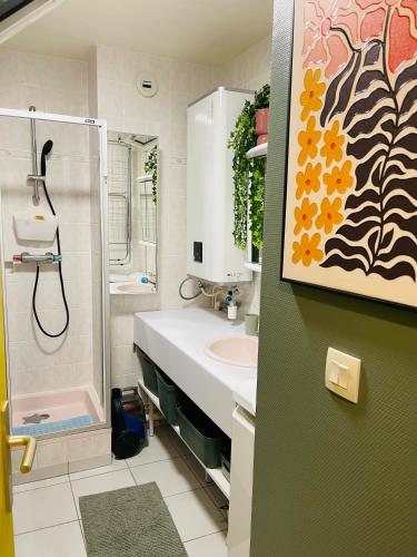 une salle de bain avec un lavabo et une douche dans l'établissement Bulle d amour, à Granville