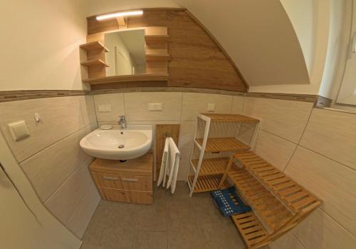 a bathroom with a sink and a mirror at Ferienwohnungen ARIKOGEL Bad Goisern in Bad Goisern