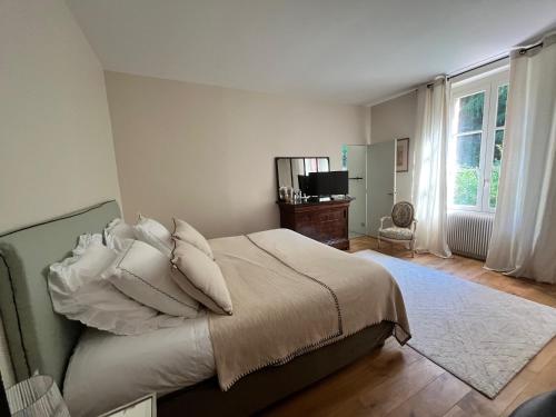 - une chambre avec un lit doté d'oreillers et une télévision dans l'établissement Suite près de Chambord, à Saint-Laurent-Nouan