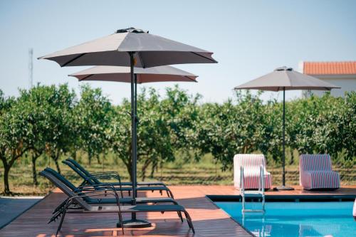 three chairs and an umbrella next to a pool at RAOS Cottage in Ulcinj