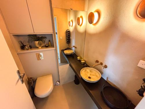 une petite salle de bain avec un lavabo et des toilettes dans l'établissement L'Attique - Terrasse Panoramique - Accès Transports en Commun - Centre Ville - Commerces à Proximité, à Strasbourg