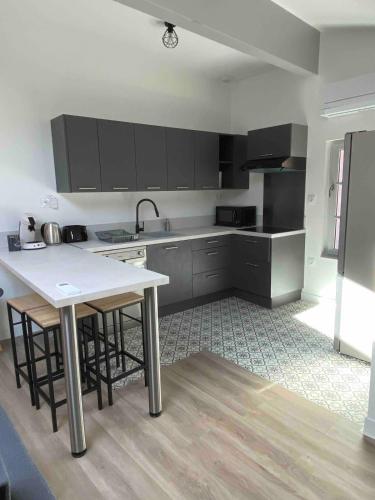 a kitchen with gray cabinets and a white counter top at 3 pièces silencieux plein centre parking clim patio in Foix