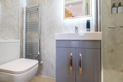 a bathroom with a sink and a toilet at A spacious and modern 4Bedroom house in Borehamwood