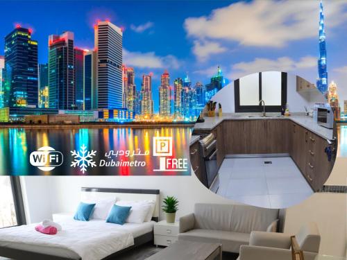 a view of a city skyline from a boat at Spacious & Stylish 3-Bedroom Home in a Prime Location in Dubai