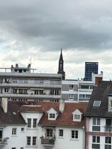 a group of buildings with a clock tower in the background at Soh Rent Strasbourg Wifi Terrasse St Aloise in Strasbourg