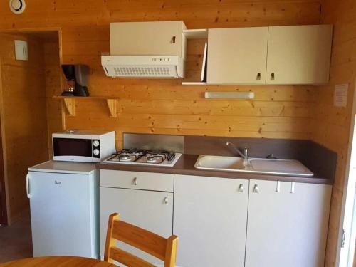 a small kitchen with a stove and a microwave at Camping 3 étoiles - ccaiaah in Monoblet