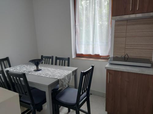 SarudにあるSzárcsa Apartman Sarudのキッチン(テーブル、椅子付)、窓