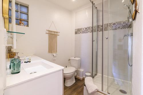 une salle de bain avec une douche, un lavabo et des toilettes dans l'établissement Joli appartement à côté du Palais des Festivals, à Cannes