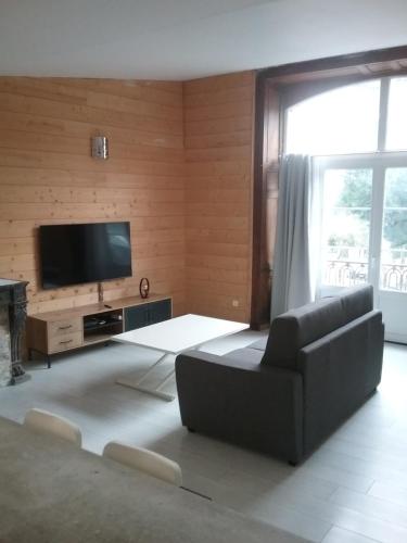 un salon avec un canapé et une télévision à écran plat dans l'établissement Apparemment ChezTony Vue Montagne Eaux-Bonne Gourette, à Eaux-Bonnes