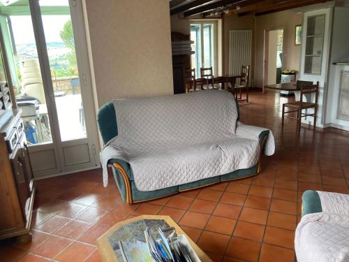 un salon avec un canapé et une table dans l'établissement Gîte avec spa et piscine près de Millau, à Compeyre