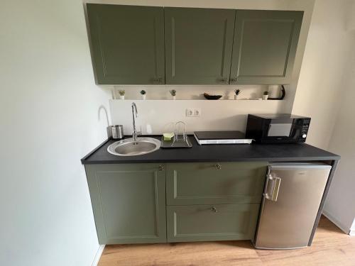 a kitchen with green cabinets and a sink at Captain's house in Karlovac