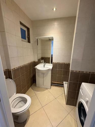 une salle de bain avec toilettes et lavabo dans l'établissement Au pied de l'ermitage, à Alès