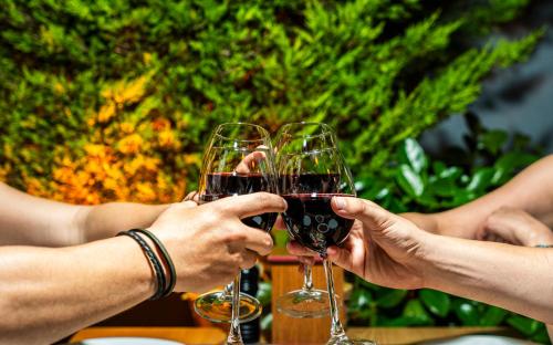 two people holding up glasses of red wine at HMA Hotel & Suites in Alanya