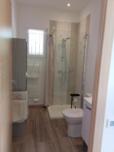 a bathroom with a shower and a toilet at Monolocale in campagna in Camporosso