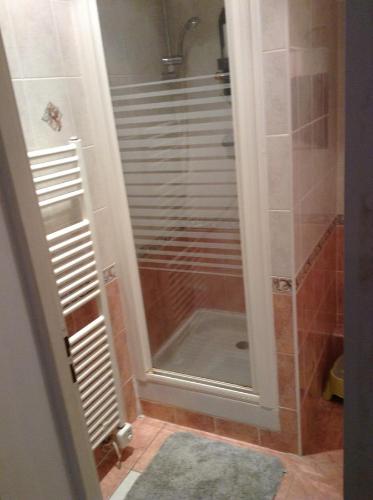 une douche avec une porte vitrée dans une salle de bain dans l'établissement Appartement Trouville proche plage, à Trouville-sur-Mer