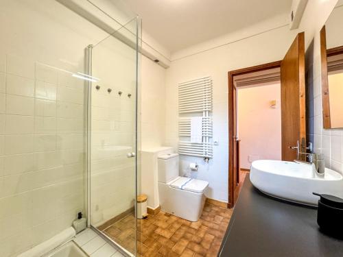 une salle de bain avec un lavabo, des toilettes et une douche dans l'établissement Le Petit Jardin de Palau, à Palau-de-Cerdagne