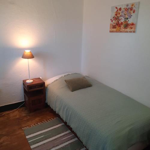 a bedroom with a bed and a table with a lamp at Casa Emilia in Ferreira do Zêzere