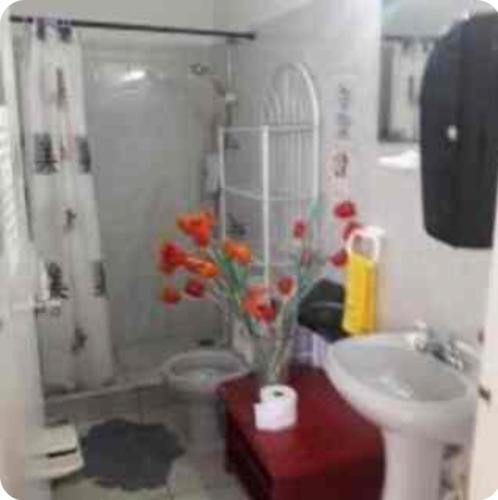 a bathroom with a toilet and a sink with flowers in it at Palmitas Hostel with pool in Oranjestad