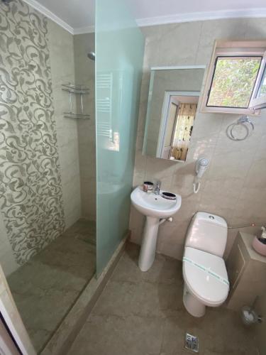 a bathroom with a sink and a toilet and a shower at Apartament A2 - EVIM in Mangalia