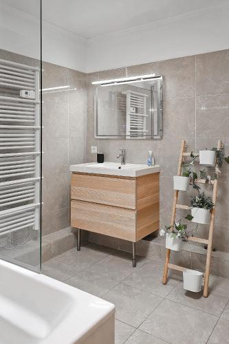 une salle de bain avec un lavabo, un miroir et une douche dans l'établissement Appartement Luxueux Entre Bord de Mer & Montagne - by Résidence La Fontaine Sablettes, à La Seyne-sur-Mer