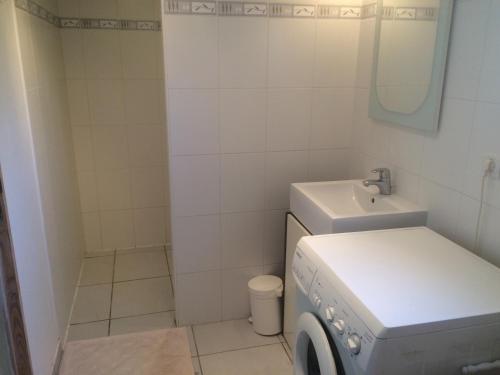 une salle de bain avec une machine à laver et un lavabo dans l'établissement Studio Bermichan, à Montalivet-les-Bains