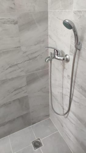 a shower with a shower head in a bathroom at Konstantinos Apartments in Kholargós