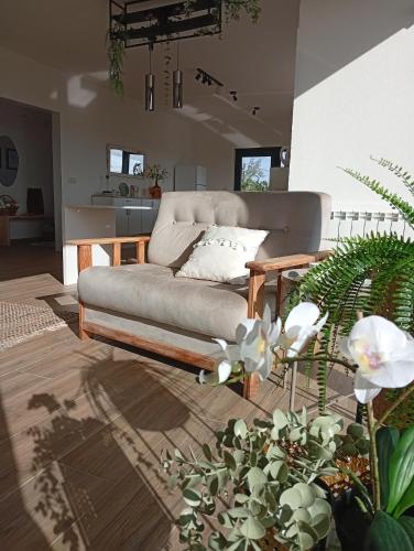 a living room with a couch and some plants at Casa da Marquinhas in Ventozelo
