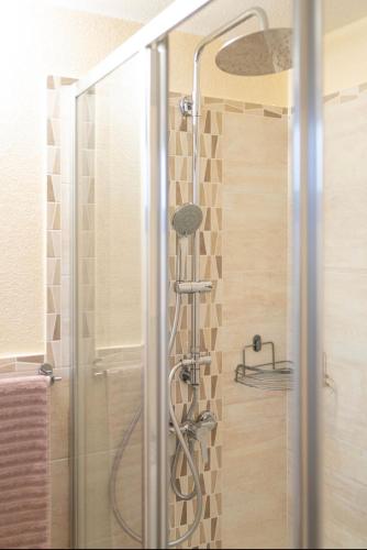 a shower with a glass door in a bathroom at Appartamento Aurora in Orosei