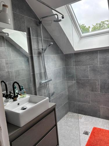 une salle de bain avec un lavabo et une douche dans l'établissement Gîte des ravenelles, à Cricquebœuf