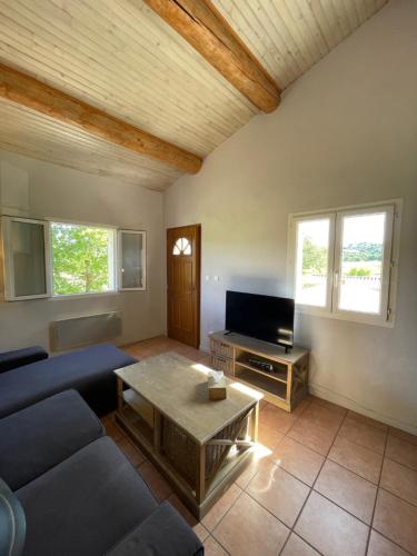 a living room with a blue couch and a table at Entre Vignes et Collines in Méthamis