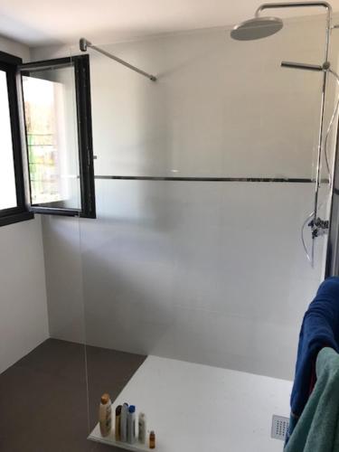 une salle de bain avec une douche en verre avec une fenêtre dans l'établissement Résidence de Tourisme 5* Porto Vecchio, à Porto-Vecchio
