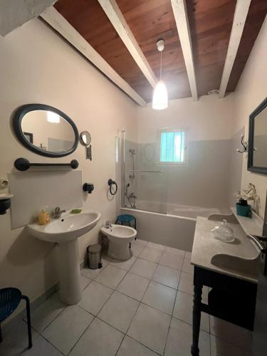 une salle de bain avec un lavabo, des toilettes et un miroir dans l'établissement Gîte Le Ménicou, à Montaut