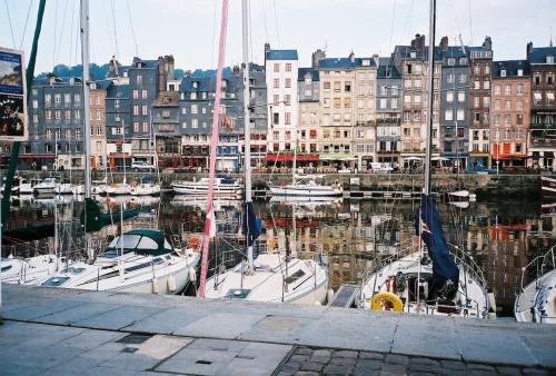un groupe de bateaux amarrés dans un port avec des bâtiments dans l'établissement Maison Bleu, à Honfleur