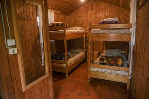 a room with three bunk beds in a cabin at Bayrams Tree Houses in Olympos