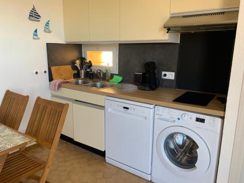 une cuisine avec une machine à laver et un évier dans l'établissement Appartement Le Barcarès, au Barcarès