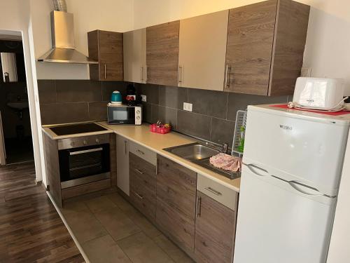 een keuken met een witte koelkast en een spoelbak bij Nova City Apartments in Boedapest